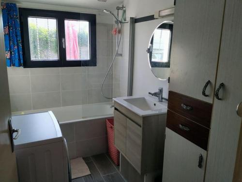uma pequena casa de banho com um lavatório e um espelho em Longère charentaise familiale. em La Tremblade
