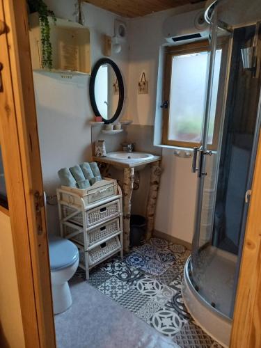 une salle de bain avec toilettes, lavabo et douche dans l'établissement La Grangette d'Antan, à Fenain