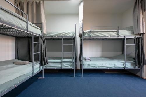 two bunk beds in a room with blue carpet at Hostel Best Skopje in Skopje