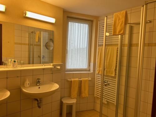 a bathroom with a sink and a shower at Waldhaus am See in Willingen