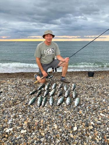 a man on a beach with a bunch of fish at Nyd den skønne natur ved hav og fjord in Thyborøn