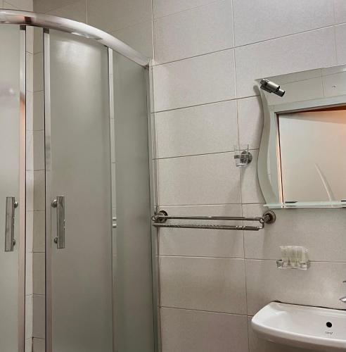 a bathroom with a shower and a sink at GREEN DOOR HOTEL in Tbilisi City