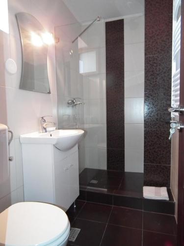 a bathroom with a toilet and a sink and a shower at Vila Queen Mary in Constanţa