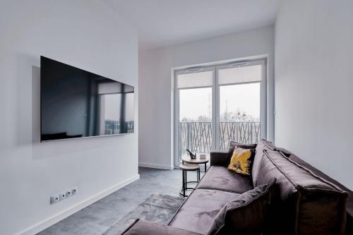 een woonkamer met een bank en een flatscreen-tv bij Apartament Sztuk Pięknych 14 in Piła