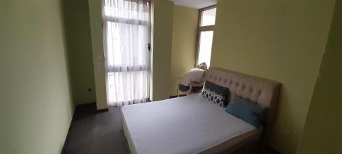 um quarto com uma cama num quarto com duas janelas em A Furnished Apartment at the heart of Addis Ababa, Ethiopia em Addis Ababa