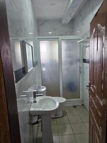 y baño con lavabo, aseo y ducha. en Appartement de luxe, en Cotonou