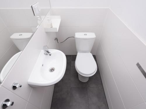 a white bathroom with a toilet and a sink at Dietla 57, two-bedroom apartment with living room, apartment 24 , Ulysses in Krakow