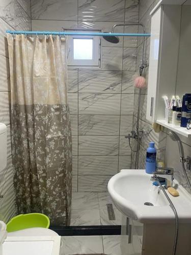 a bathroom with a shower and a toilet and a sink at Kadmi in Njeguši