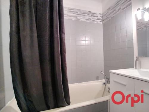 uma casa de banho com uma cortina de chuveiro preta e um lavatório. em Bel appartement 2/4 pers 1ch em Antony
