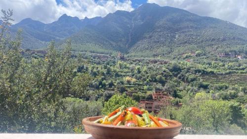 un tazón de verduras sentado en una cornisa con una montaña en Chez Yahia, Au coeur de L'Ourika, en Ourika