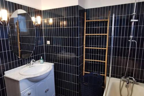 baño de azulejos negros con lavabo y ducha en Chez Margot et Bernard, en Jurançon