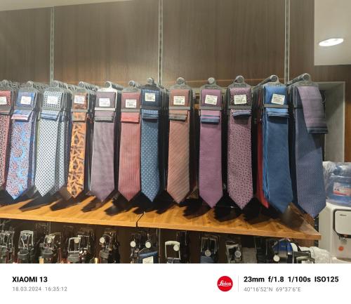 un’esposizione di diverse cravatte su uno scaffale di Suit 3 cabin a Khujand