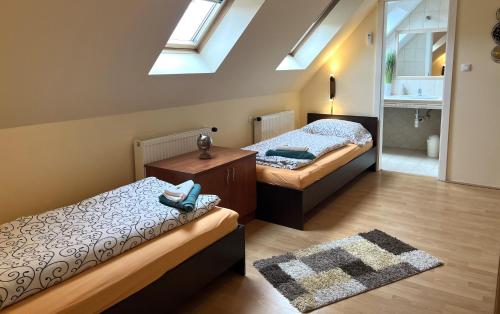 2 Betten in einem Zimmer mit Oberlichtern in der Unterkunft Gere Apartment de Luxe in Harkány
