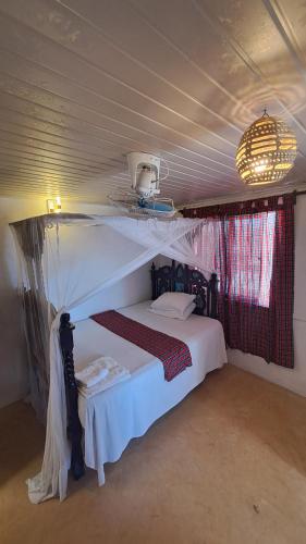 ein Schlafzimmer mit einem weißen Bett mit Baldachin in der Unterkunft Roof Top Private House in Lamu