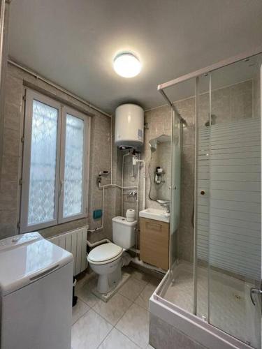 une salle de bain avec toilettes, douche et lavabo dans l'établissement Joli 2 pièces à Pantin au porte de Paris, à Pantin