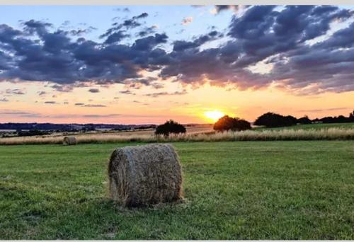 Ein Heuhaufen auf einem Feld bei Sonnenuntergang in der Unterkunft Dôme Cocon des Cabris in Bérig-Vintrange