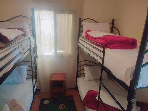 a room with three bunk beds and a window at Hostel Afgo Rooftop in Ouarzazate