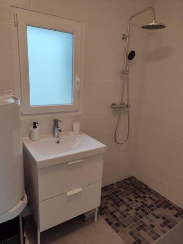 La salle de bains est pourvue d'un lavabo, d'une fenêtre et d'une douche. dans l'établissement Maison de bourg équipée à 20mn du Puy du Fou - 4 pers, à Bazoges-en-Paillers