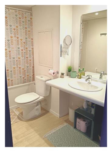 une salle de bain avec toilettes et lavabo dans l'établissement Studio Chemin Bleu, à Lourdes