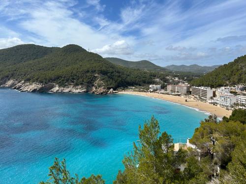 vista su una spiaggia con acqua blu e alberi di Apartamento en Ibiza a Cala San Vicente