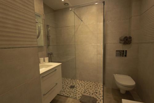 a bathroom with a shower and a toilet and a sink at Hôtel Méditerranée in Le Lavandou