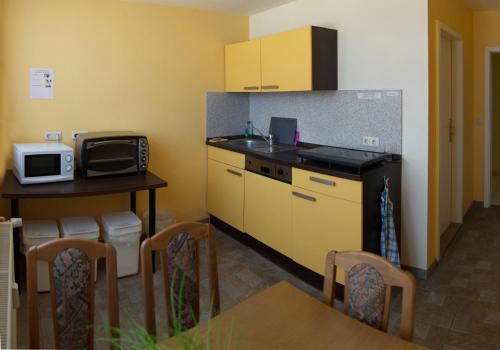eine kleine Küche mit einer Spüle und einer Mikrowelle in der Unterkunft Apartmentpension Am Krongut in Potsdam