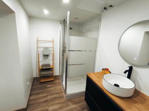 ein Badezimmer mit einem weißen Waschbecken und einem Spiegel in der Unterkunft Gîte de l'atelier in Saint-Privat