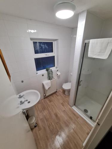 a bathroom with a shower and a toilet and a sink at Farina No7, Sea view studio sleeping 2 guests in Bridlington