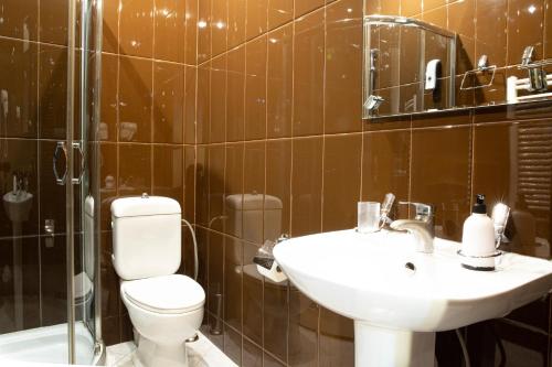uma casa de banho com um WC, um lavatório e um chuveiro em Hotel Diplomat em Tbilisi