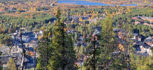 an aerial view of a town with trees and houses at LEVI Tunturinlaita A4, Ski-in Ski-out 3xBedroom in Levi