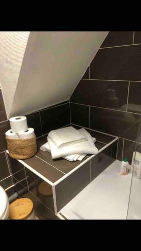 La salle de bains est pourvue d'une étagère, de serviettes et de toilettes. dans l'établissement Studio cosy au centre de Boulogne/Mer avec wifi, à Boulogne-sur-Mer