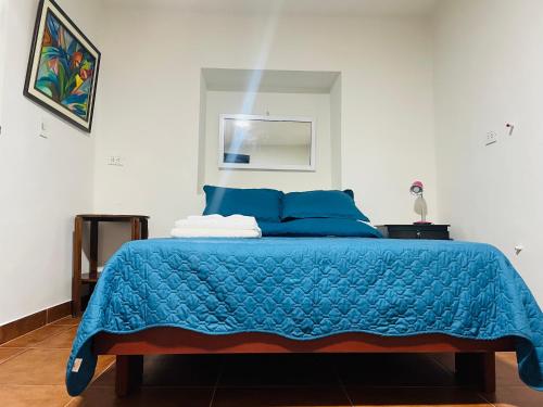 a bed with a blue comforter in a bedroom at Casa céntrica Las Higueras in Tarija