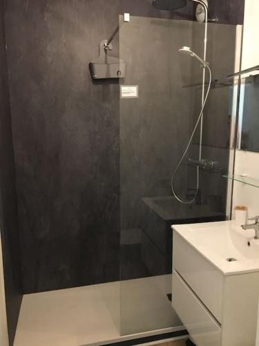 une salle de bain avec une douche en verre avec un lavabo dans l'établissement Appartement lumineux proche du port et de la plage, au Pouliguen