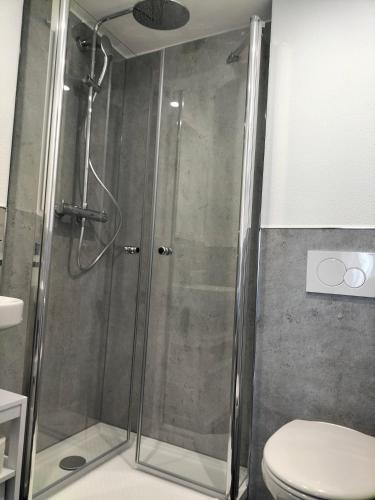 a shower stall in a bathroom with a toilet at Hotel Silbertanne in Hohegeiß