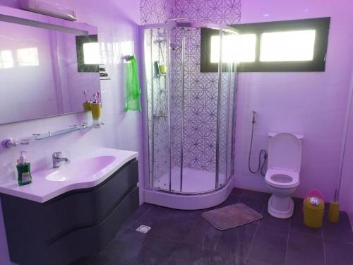 a purple bathroom with a shower and a toilet at Belle Appartement avec Jaccuzzi à Diamniadio in Dakar