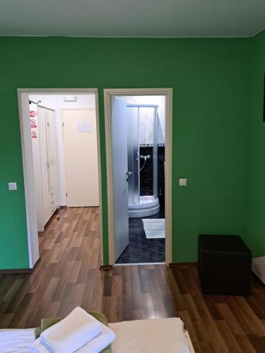 Habitación con paredes verdes, 2 puertas y baño. en Rooms Modrušan, en Slunj