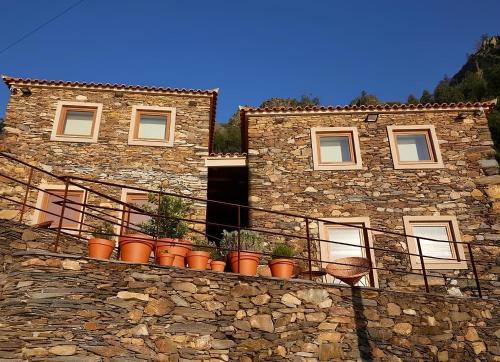 un bâtiment en pierre avec des plantes en pot au-dessus dans l'établissement Quinta Torres de Azevedo by North Star Flats, à Sebolido