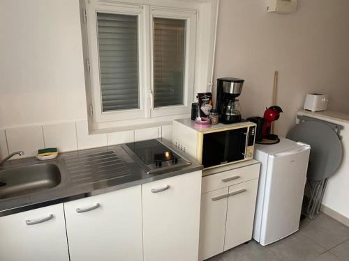 a kitchen with a microwave and a refrigerator at Studio en rez-de-chaussée avec cour dans le centre de Vendome in Vendôme