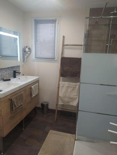 La salle de bains est pourvue d'un lavabo et de lits superposés. dans l'établissement Maison en Provence, à Entraigues-sur-la-Sorgue