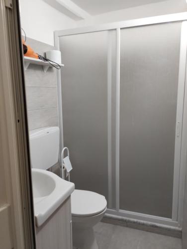 a white bathroom with a shower and a toilet at La camera nel villaggio in Messina
