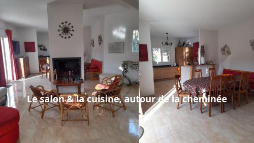 un salon avec une table et des chaises et une cuisine dans l'établissement Villa Cyprès 5 chambres aires de jeux, forêt, accessibilité PMR, à Lauraguel