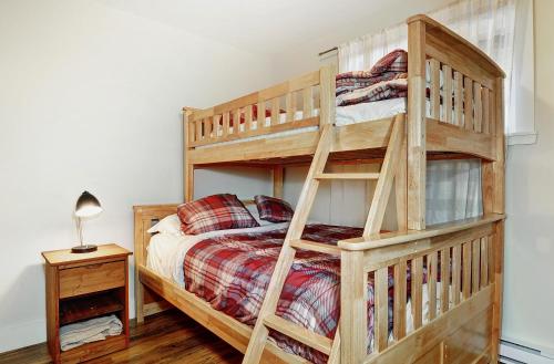 a bedroom with a bunk bed with a ladder at Chalet 9010 Chemin des Alpages by Les Chalets Alpins in Stoneham