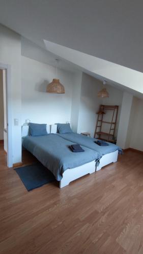 a bedroom with a large bed with blue sheets and a ladder at Morgon House in Molinaseca