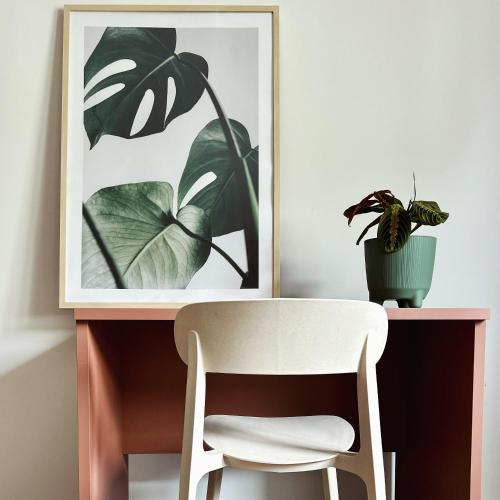 un escritorio con una silla, una foto y una planta en Martina’s Rooms, en Albignasego