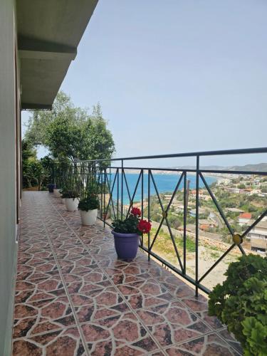 a balcony with potted plants and a view of the ocean at Mesaiz 2 in Vlorë