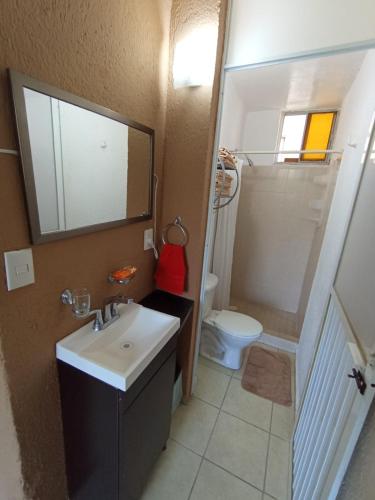 a bathroom with a sink and a toilet at Casa Ixtlán Planta Baja in Santa Cruz Huatulco
