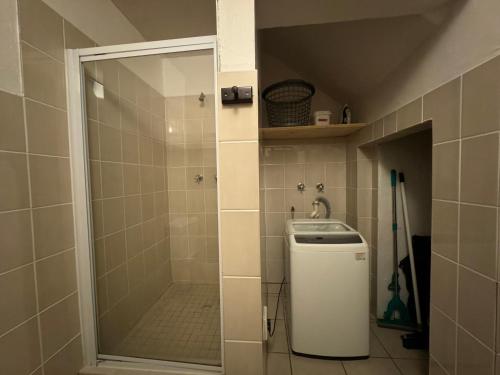 a small bathroom with a sink and a shower at Chandos Apartment Vleesbaai in Vleesbaai