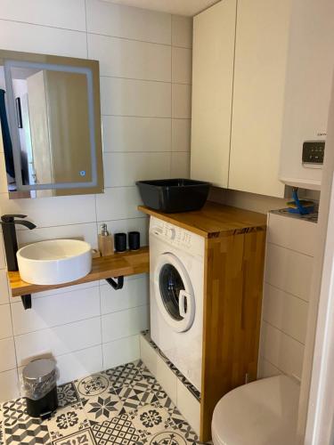 een badkamer met een wasmachine en een wastafel bij Le petit Atelier in Eyguières