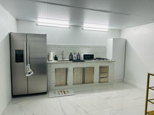 a kitchen with a stainless steel refrigerator in a room at Green planet in Naples