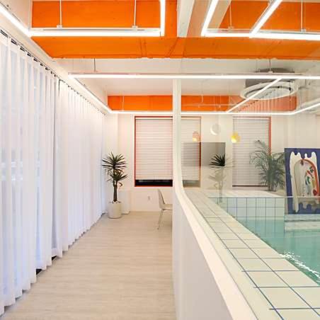 an office with a swimming pool and a room with white curtains at private swimming pool near dasan beachroom in Namyangju